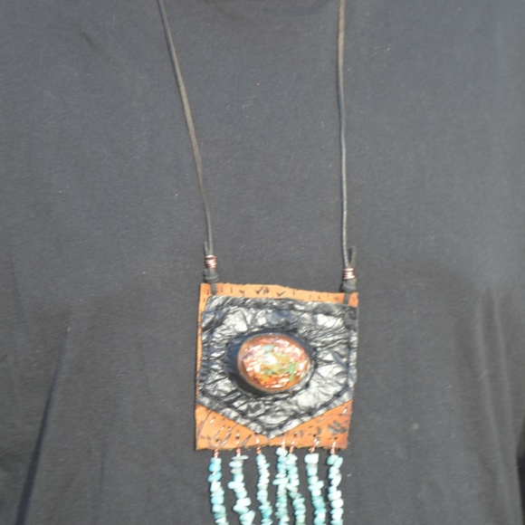 Turquoise Genuine Leather Pendant Amazonite Tribal - Picture 2 of 5